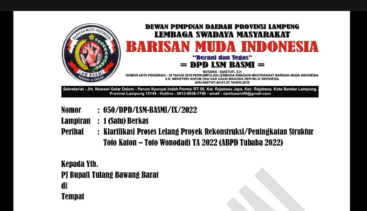 Layangkan Surat Kepada Pj Bupati Tubaba, BASMI Lampung Tekankan Evaluasi ASN Dinas PUPR, Pokja dan Blacklist CV Bukit Graha Soal Proyek 5,8 Miliar