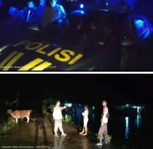 Pantau Potensi Terjadinya Banjir, Polsek Mangarabombang Lakukan Patroli Malam di Desa Lengkese.